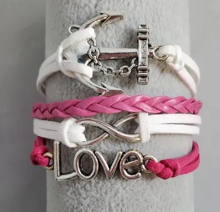 Bracelets AZ686 White Hot Pink Anchor Love Infinity Layer Leather Bracelet alice Bracelets AZ686 White Hot Pink Anchor Love Infinity Layer Leather Bracelet alice