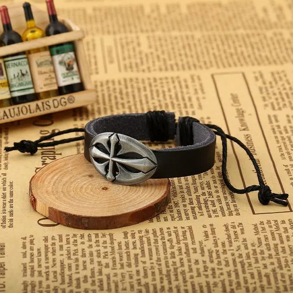 Bracelets B524 Silver Cross in Oval Black Leather Bracelet 01