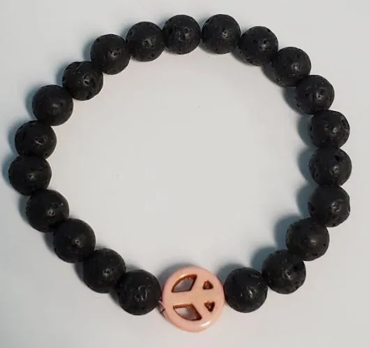 Bracelets polly B911 Black Lava Stone Pale Pink Peace Sign Bead Bracelet