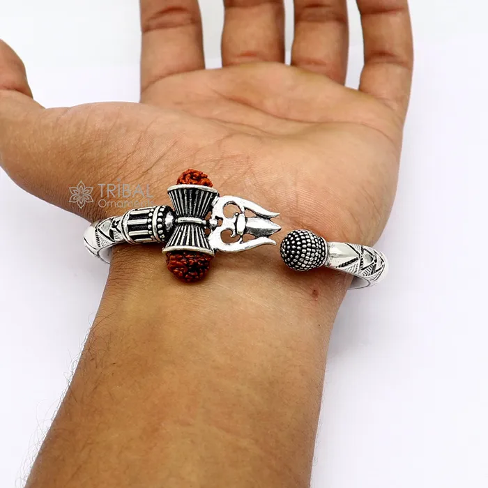 Bracelets TRIBAL ORNAMENTS 925 Sterling silver handmade unique design Lord Shiva trident trishul kada bangle bracelet with natural Rudraksha bahubali kada nsk786