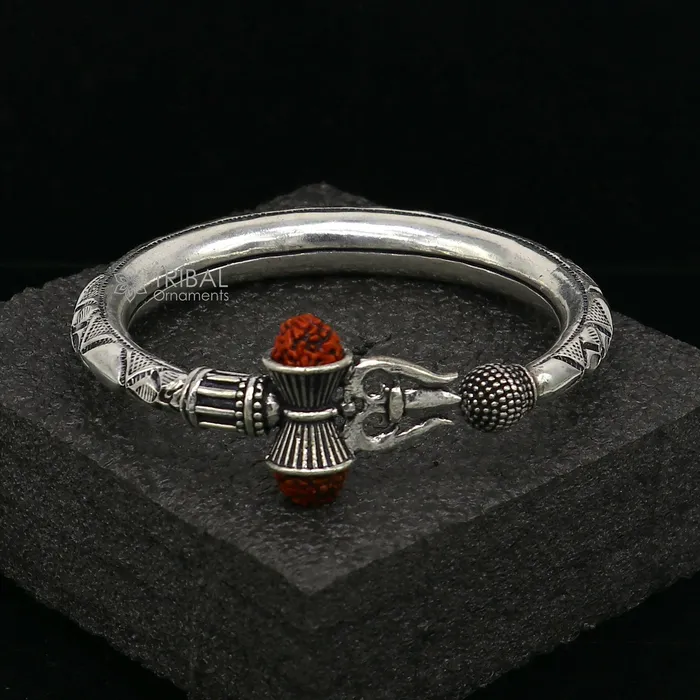Bracelets TRIBAL ORNAMENTS 925 Sterling silver handmade unique design Lord Shiva trident trishul kada bangle bracelet with natural Rudraksha bahubali kada nsk786