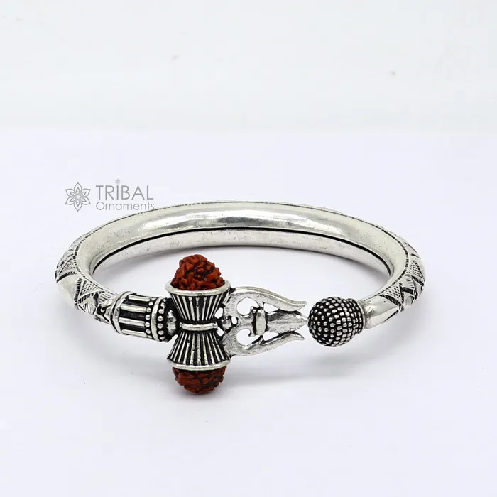 Bracelets TRIBAL ORNAMENTS 925 Sterling silver handmade unique design Lord Shiva trident trishul kada bangle bracelet with natural Rudraksha bahubali kada nsk786