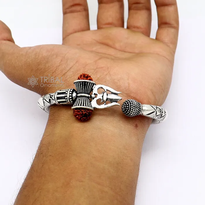 Bracelets TRIBAL ORNAMENTS 925 Sterling silver handmade unique design Lord Shiva trident trishul kada bangle bracelet with natural Rudraksha bahubali kada nsk786