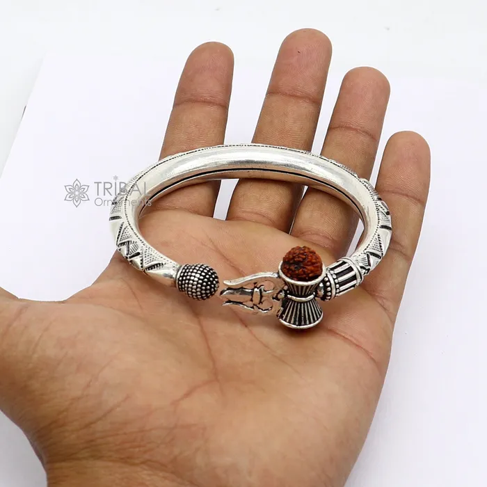 Bracelets TRIBAL ORNAMENTS 925 Sterling silver handmade unique design Lord Shiva trident trishul kada bangle bracelet with natural Rudraksha bahubali kada nsk786