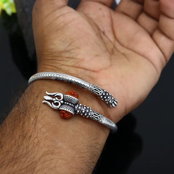 Bracelets TRIBAL ORNAMENTS 925 Sterling silver handmade Vintage style unique work Lord Shiva trident trishul kada bangle bracelet with Rudraksha customized kada nsk769
