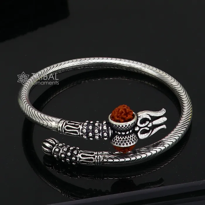 Bracelets TRIBAL ORNAMENTS 925 Sterling silver handmade Vintage style unique work Lord Shiva trident trishul kada bangle bracelet with Rudraksha customized kada nsk769