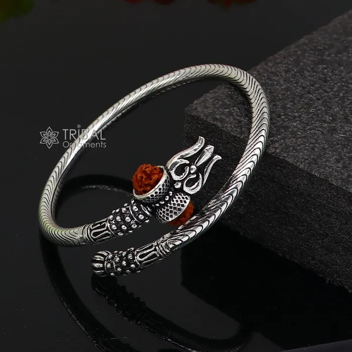 Bracelets TRIBAL ORNAMENTS 925 Sterling silver handmade Vintage style unique work Lord Shiva trident trishul kada bangle bracelet with Rudraksha customized kada nsk769