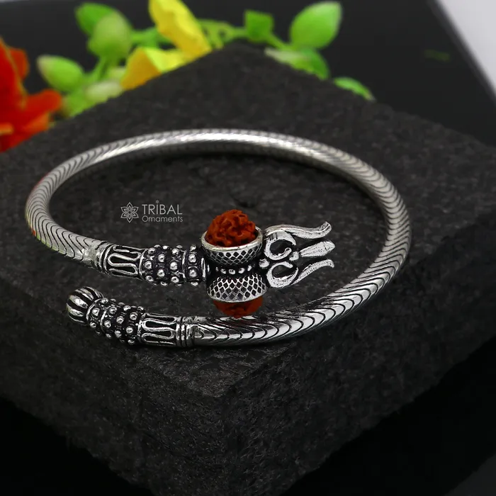 Bracelets TRIBAL ORNAMENTS 925 Sterling silver handmade Vintage style unique work Lord Shiva trident trishul kada bangle bracelet with Rudraksha customized kada nsk769