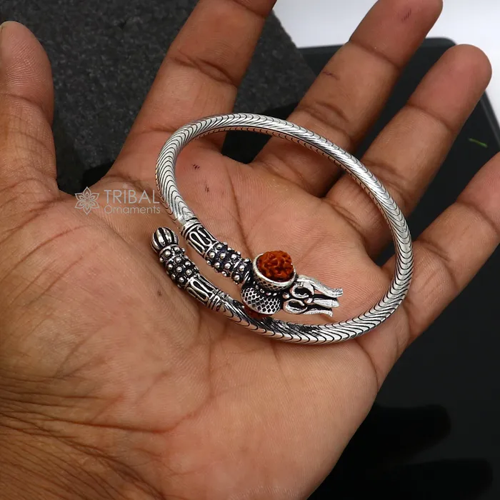 Bracelets TRIBAL ORNAMENTS 925 Sterling silver handmade Vintage style unique work Lord Shiva trident trishul kada bangle bracelet with Rudraksha customized kada nsk769
