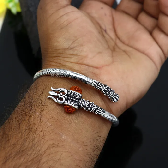 Bracelets TRIBAL ORNAMENTS 925 Sterling silver handmade Vintage style unique work Lord Shiva trident trishul kada bangle bracelet with Rudraksha customized kada nsk769