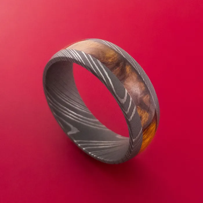 Damascus Steel Ring with Hardwood Inlay Custom Made Band Lashbrook Rings