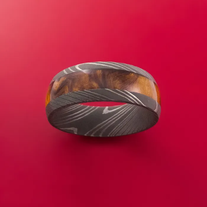 Damascus Steel Ring with Hardwood Inlay Custom Made Band Lashbrook Rings Damascus Steel Ring with Hardwood Inlay Custom Made Band Lashbrook Rings