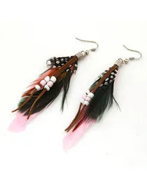 E844 Pink Black Feather Tassel Bead Earrings 02 Earrings