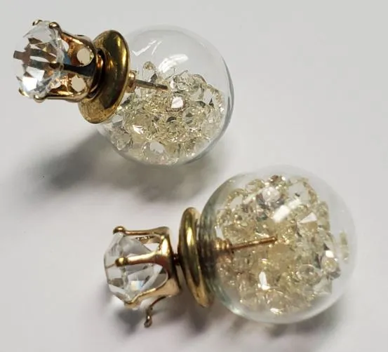 E92 Gold Rhinestone Clear Gem Filled Double Ball Earrings Susan Earrings