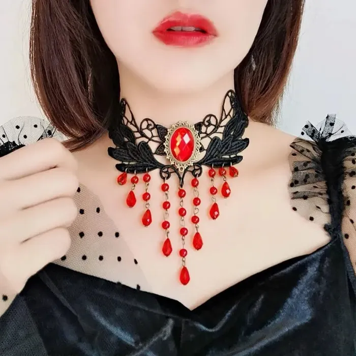 Earrings 01 AZ919 Lace Red Waterfall Rhinestone Womens Choker with Free Earrings