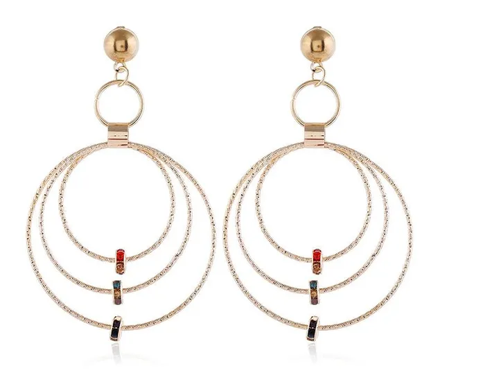 Earrings 02 E1185 Gold Textured Multi Hoop Colorful Gem Earrings