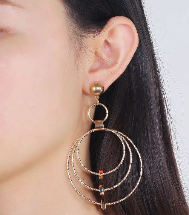 Earrings 02 E1185 Gold Textured Multi Hoop Colorful Gem Earrings