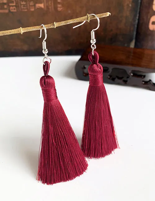 Earrings 02 E50 Wine Red Long Tassel Earrings