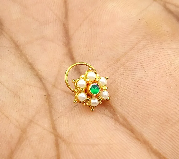 Earrings 20k yellow gold handmade fabulous green stone pearl nose pin excellent antique vintage design tribal jewelry gnp20 TRIBAL ORNAMENTS Earrings 20k yellow gold handmade fabulous green stone pearl nose pin excellent antique vintage design tribal jewelry gnp20 TRIBAL ORNAMENTS