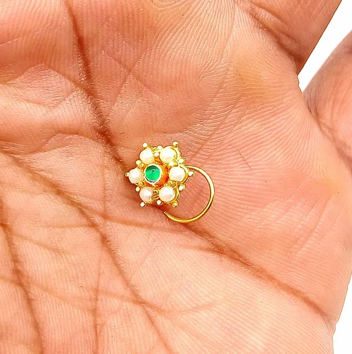 Earrings 20k yellow gold handmade fabulous green stone pearl nose pin excellent antique vintage design tribal jewelry gnp20 TRIBAL ORNAMENTS Earrings 20k yellow gold handmade fabulous green stone pearl nose pin excellent antique vintage design tribal jewelry gnp20 TRIBAL ORNAMENTS