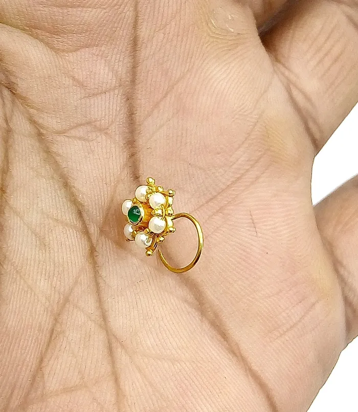Earrings 20k yellow gold handmade fabulous green stone pearl nose pin excellent antique vintage design tribal jewelry gnp20 TRIBAL ORNAMENTS Earrings 20k yellow gold handmade fabulous green stone pearl nose pin excellent antique vintage design tribal jewelry gnp20 TRIBAL ORNAMENTS