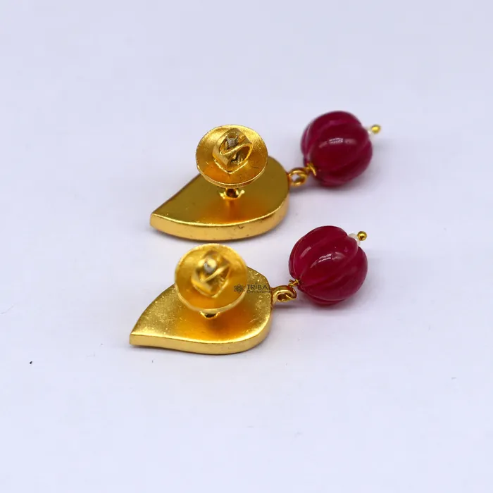 Earrings 925 sterling silver gold polished handmade kundan work green and red stone fabulous flower shape stud earrings Modern trendy jewelry s1179 TRIBAL ORNAMENTS