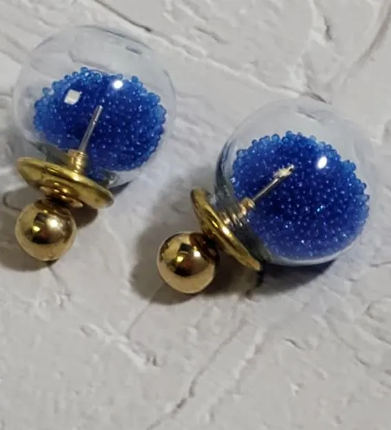 Earrings E650 Gold Blue Bead Filled Double Ball Earrings Susan