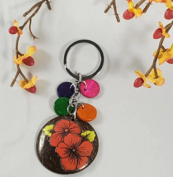 Earrings K121 Blood Orange Hibiscus Coconut Shell Colorful Wooden Disk Keychain polly
