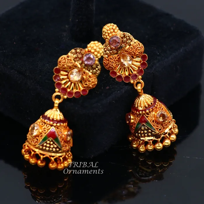 Earrings TRIBAL ORNAMENTS 22k yellow gold fabulous handmade filigree work antique designer stud earrings brides wedding jewelry from Rajasthan India er161 Earrings TRIBAL ORNAMENTS 22k yellow gold fabulous handmade filigree work antique designer stud earrings brides wedding jewelry from Rajasthan India er161