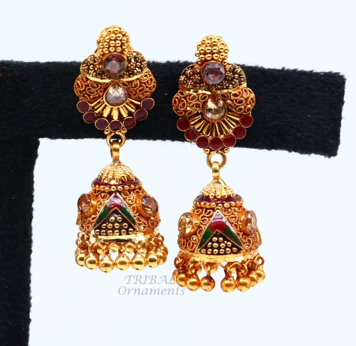 Earrings TRIBAL ORNAMENTS 22k yellow gold fabulous handmade filigree work antique designer stud earrings brides wedding jewelry from Rajasthan India er161