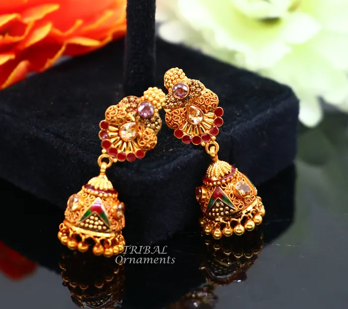 Earrings TRIBAL ORNAMENTS 22k yellow gold fabulous handmade filigree work antique designer stud earrings brides wedding jewelry from Rajasthan India er161