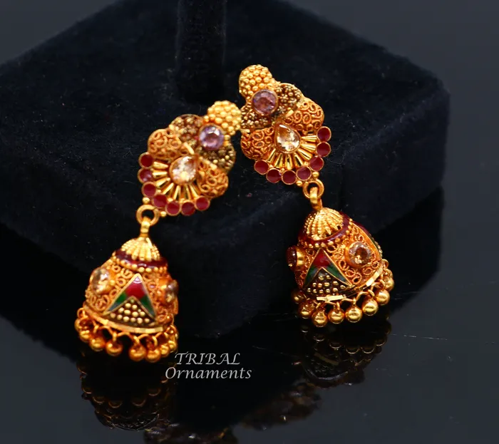 Earrings TRIBAL ORNAMENTS 22k yellow gold fabulous handmade filigree work antique designer stud earrings brides wedding jewelry from Rajasthan India er161