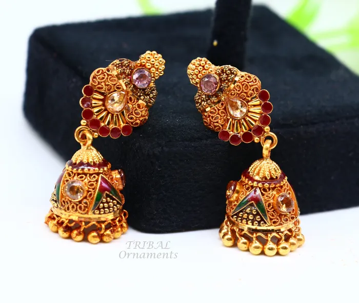 Earrings TRIBAL ORNAMENTS 22k yellow gold fabulous handmade filigree work antique designer stud earrings brides wedding jewelry from Rajasthan India er161