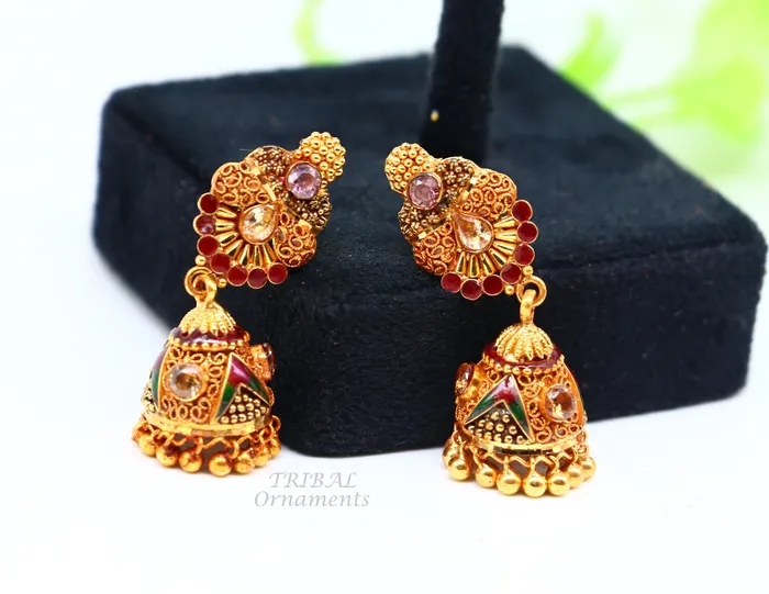 Earrings TRIBAL ORNAMENTS 22k yellow gold fabulous handmade filigree work antique designer stud earrings brides wedding jewelry from Rajasthan India er161
