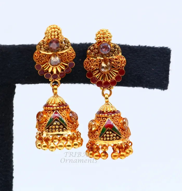 Earrings TRIBAL ORNAMENTS 22k yellow gold fabulous handmade filigree work antique designer stud earrings brides wedding jewelry from Rajasthan India er161