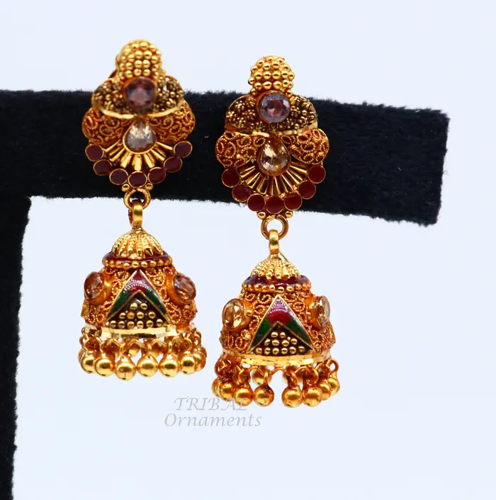 Earrings TRIBAL ORNAMENTS 22k yellow gold fabulous handmade filigree work antique designer stud earrings brides wedding jewelry from Rajasthan India er161