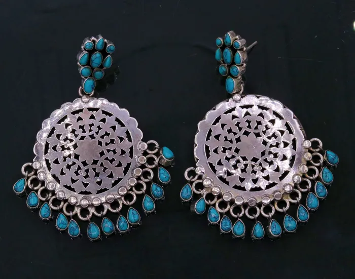 Earrings TRIBAL ORNAMENTS 925 sterling silver handmade vintage design customized large stud earrings with turquoise stone hanging drops tribal jewelry from india s720