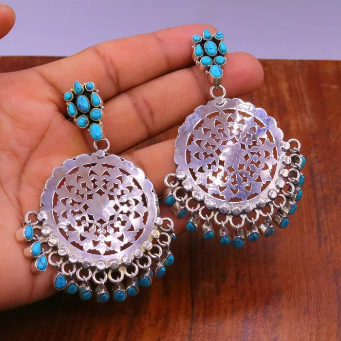 Earrings TRIBAL ORNAMENTS 925 sterling silver handmade vintage design customized large stud earrings with turquoise stone hanging drops tribal jewelry from india s720