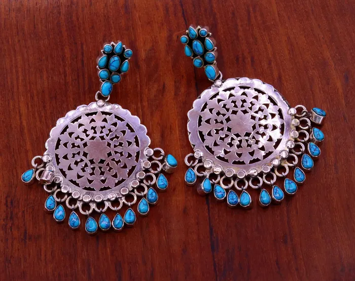 Earrings TRIBAL ORNAMENTS 925 sterling silver handmade vintage design customized large stud earrings with turquoise stone hanging drops tribal jewelry from india s720