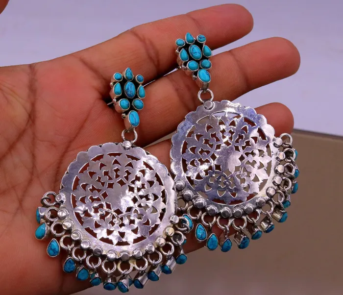 Earrings TRIBAL ORNAMENTS 925 sterling silver handmade vintage design customized large stud earrings with turquoise stone hanging drops tribal jewelry from india s720