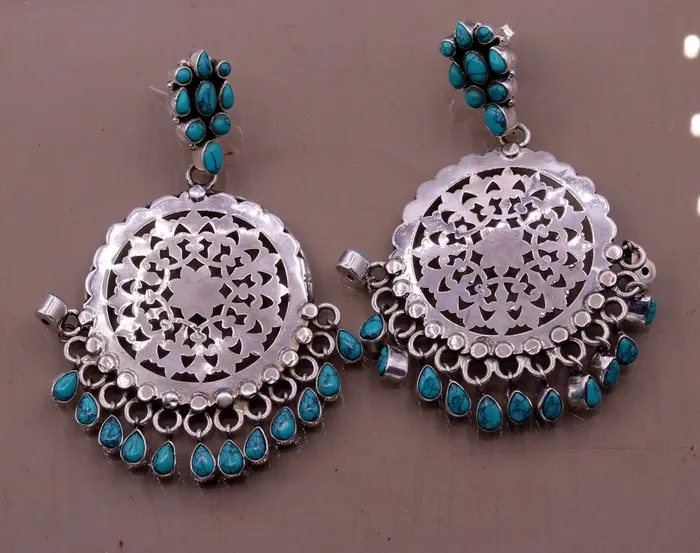 Earrings TRIBAL ORNAMENTS 925 sterling silver handmade vintage design customized large stud earrings with turquoise stone hanging drops tribal jewelry from india s720