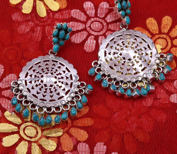 Earrings TRIBAL ORNAMENTS 925 sterling silver handmade vintage design customized large stud earrings with turquoise stone hanging drops tribal jewelry from india s720