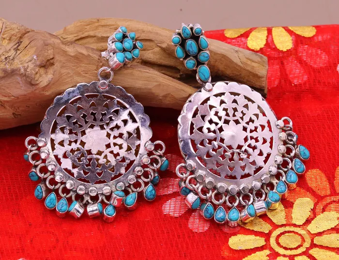 Earrings TRIBAL ORNAMENTS 925 sterling silver handmade vintage design customized large stud earrings with turquoise stone hanging drops tribal jewelry from india s720