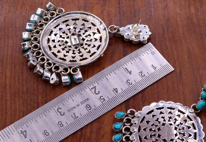 Earrings TRIBAL ORNAMENTS 925 sterling silver handmade vintage design customized large stud earrings with turquoise stone hanging drops tribal jewelry from india s720