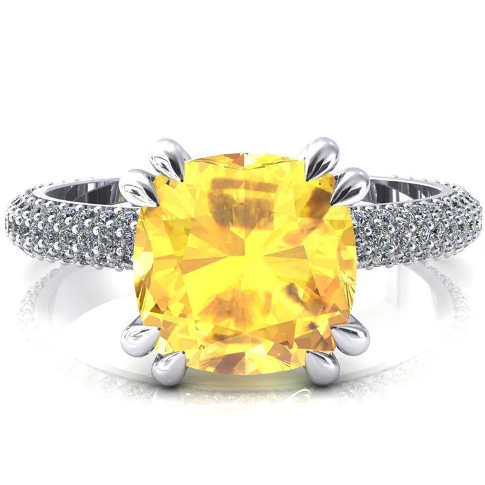 Elley Cushion Yellow Sapphire 4 Claw Prong Diamond Accent Engagement Ring Fire Brilliance Rings Elley Cushion Yellow Sapphire 4 Claw Prong Diamond Accent Engagement Ring Fire Brilliance Rings