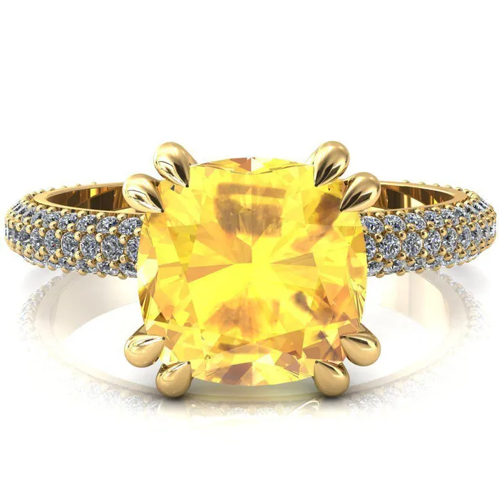 Elley Cushion Yellow Sapphire 4 Claw Prong Diamond Accent Engagement Ring Fire Brilliance Rings