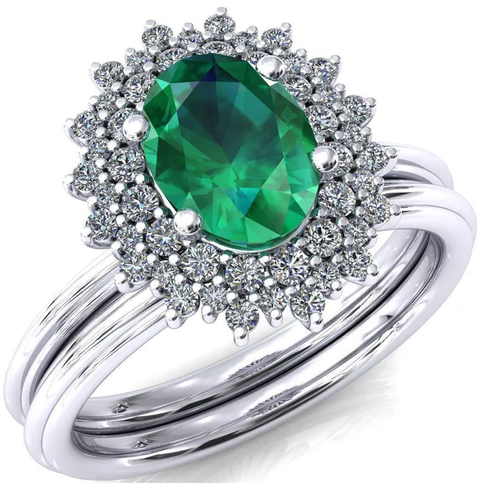 Eridanus Oval Emerald Cluster Diamond Halo Wedding Ring Fire Brilliance Rings