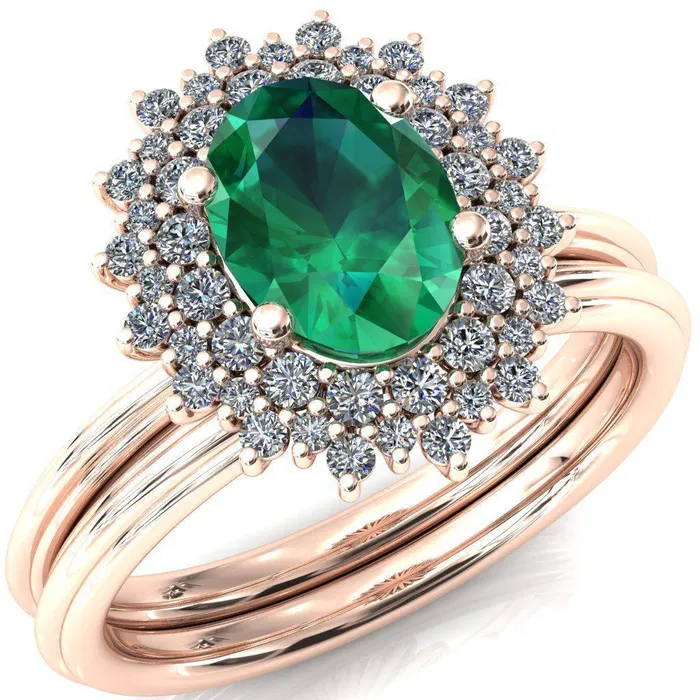 Eridanus Oval Emerald Cluster Diamond Halo Wedding Ring Fire Brilliance Rings