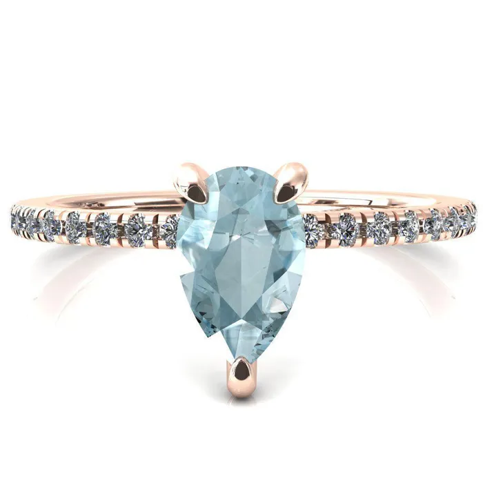 Ezili Pear Aqua Blue Spinel 3 Claw Prong Micro Pave Diamond Sides Engagement Ring Fire Brilliance Rings