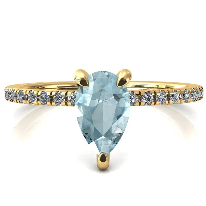 Ezili Pear Aqua Blue Spinel 3 Claw Prong Micro Pave Diamond Sides Engagement Ring Fire Brilliance Rings